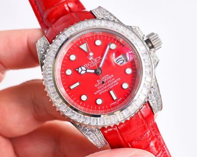 ROLEX Natural Zircon Inlay Red Green 40MM Watch Genuine rolex leather strap